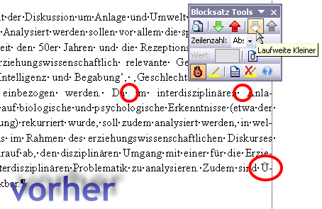 vor Konvertierung mit Blocksatz Tools