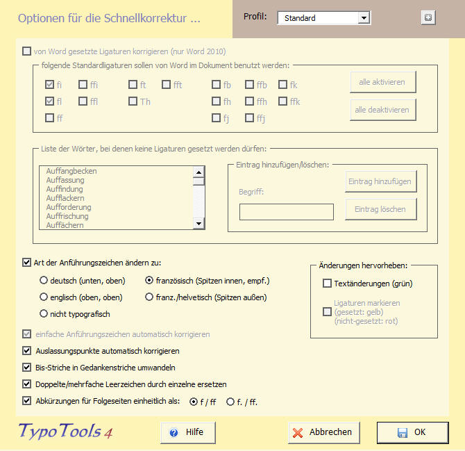 TypoTools 4 - Optionen für die Schnellkorrektur